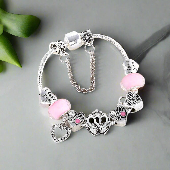 Charm Elegant Silver Charm Bracelet with Heart and Pink Beads - Perfect Gift for Her Unique Leather Bracelets