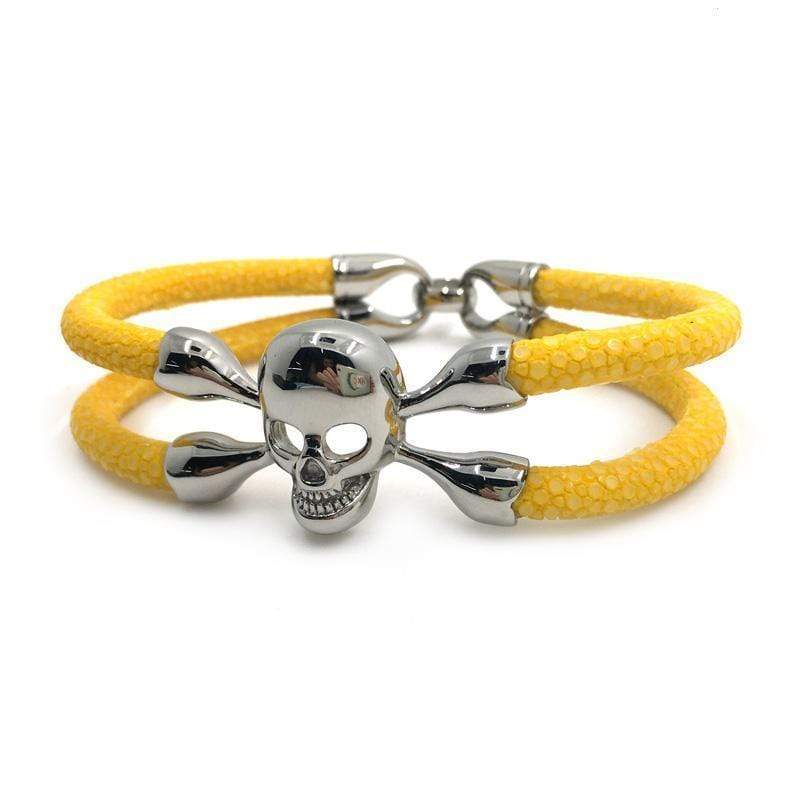 Luxury Leather Silver Crossbones Leather Unique Leather Bracelets Yellow 17cm 